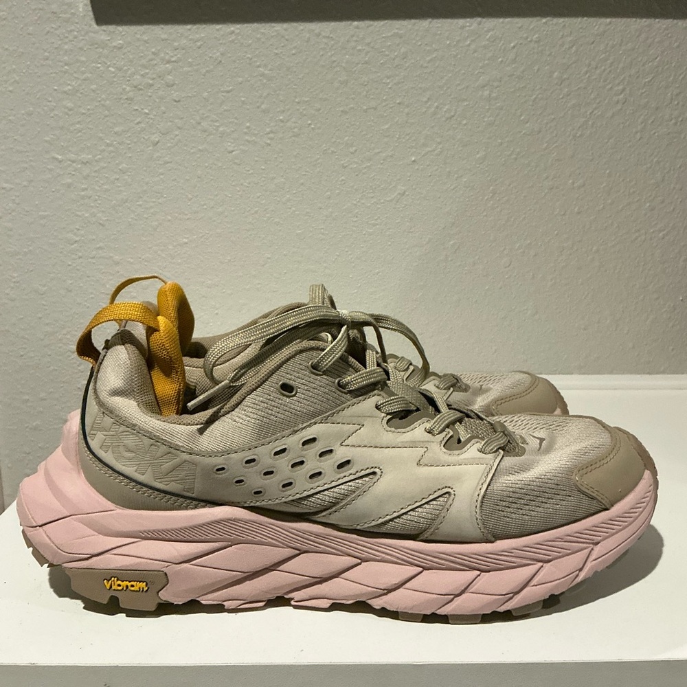 Hoka Women's Taupe and Pink Athletic Shoes with Yellow Pull Tab